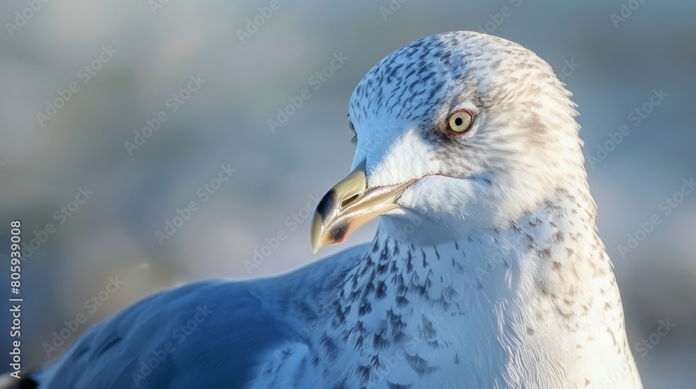 Close-up portrait of a seagull. Coast. White seagull. Yellow-orange beak. Close-up portrait of a seagull. Coast. White seagull. Yellow-orange beak.