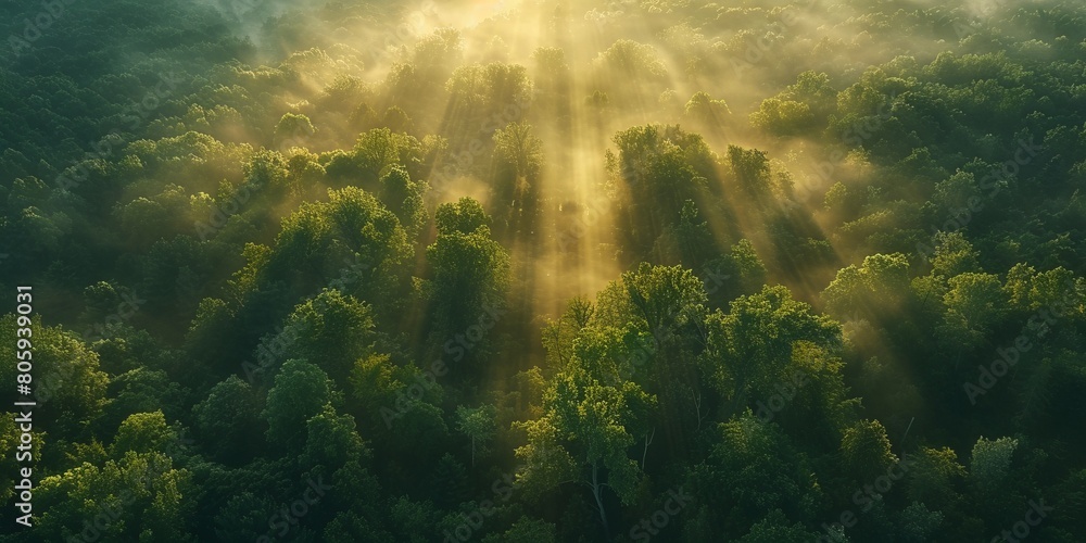 Majestic Woodland at Sunrise. Aerial Photograph with Light Rays coming through Trees. Nature Background. Majestic Woodland at Sunrise. Aerial Photograph with Light Rays coming through Trees. Nature Background.
