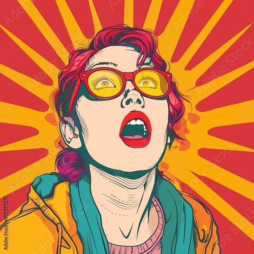 Surprised Redhead Woman with Glasses on Retro Pop Art Background