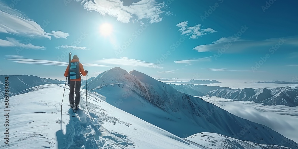 Unrecognizable tourist skiing on snow-capped mountain slope under blue sky