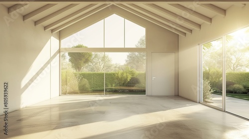 Modern contemporary loft empty room with open door to garden. Generative Ai © Kharismafajar