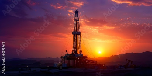 Silhouetted drilling rig extracting crude oil at sunset in desert. Concept Oil Extraction, Silhouettes, Desert Landscape, Sunset, Industrial Machinery