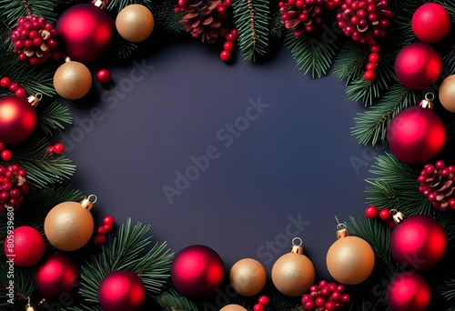 A blue background with a frame made of golden and red Christmas ornaments © Iqra