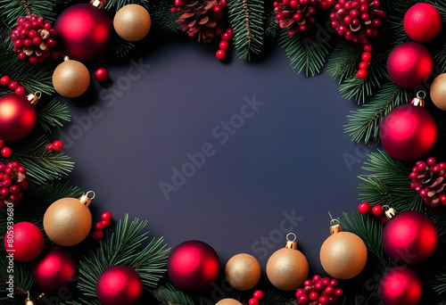 A blue background with a frame made of golden and red Christmas ornaments