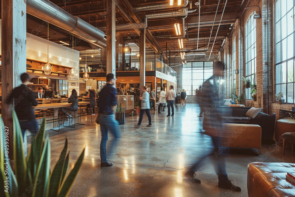 Crowd of People Walking Through Lush Greenery and Modern Furniture in Spacious Open Area with Plants Crowd of People Walking Through Lush Greenery and Modern Furniture in Spacious Open Area with Plants