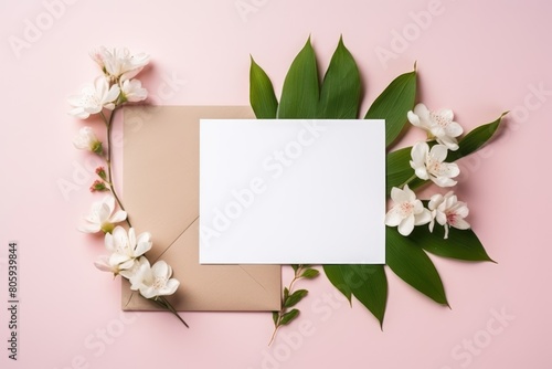 A mock-up invitation concept with white spring flowers  green leaves  and an empty card on a pink backdrop. Spring Invitation Concept with Flowers and Card
