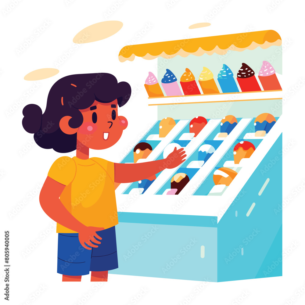 Young girl choosing ice cream shop, excited about flavors, cartoon style. Child black hair, yellow shirt, blue shorts ice cream counter. Bright colors, summer treat, happiness, dessert selection Young girl choosing ice cream shop, excited about flavors, cartoon style. Child black hair, yellow shirt, blue shorts ice cream counter. Bright colors, summer treat, happiness, dessert selection