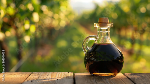 Balsamic vinegar in a glass bottle on the wooden table in a vineyard photo