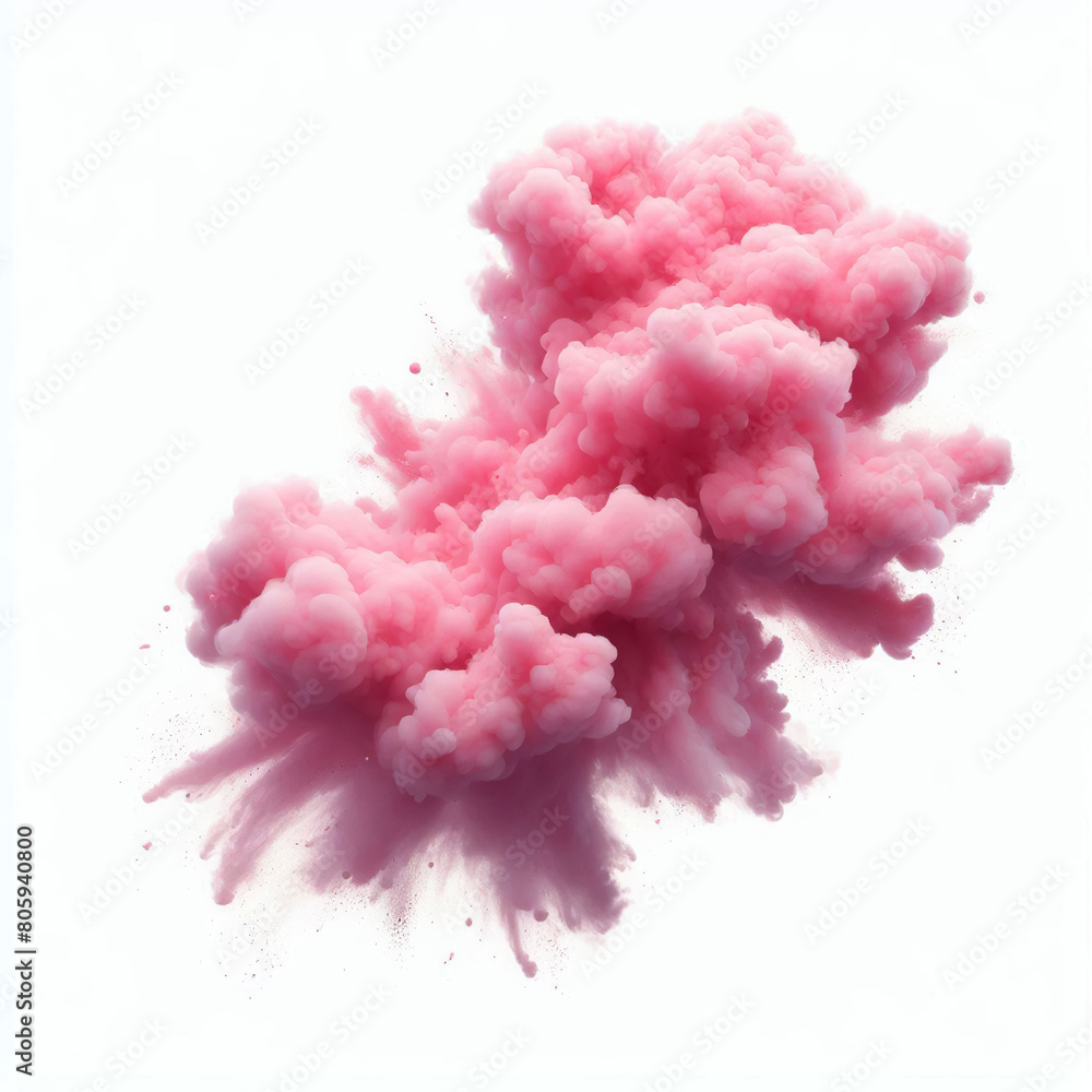 A pink smoke explosion isolated on white background