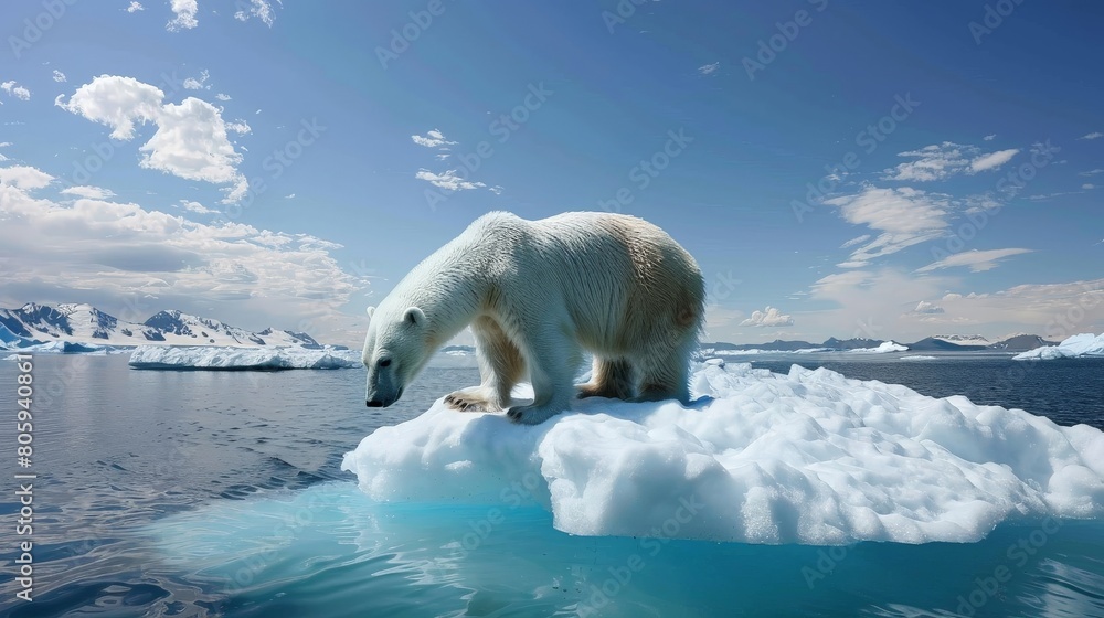 Polar bear stranded on a shrinking ice cap, symbolizing climate change Polar bear stranded on a shrinking ice cap, symbolizing climate change