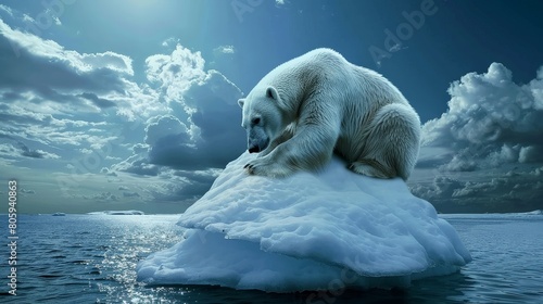 Polar bear stranded on a shrinking ice cap, symbolizing climate change
