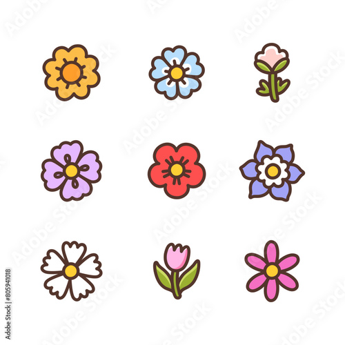 Icons set with different flowers. Blooming plants. Cute сolorful decoration elements. Graphic vector illustration isolated on white background