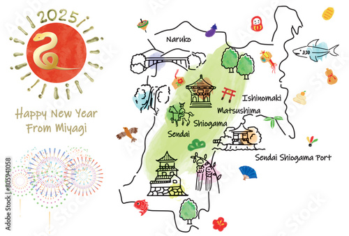 宮城県の観光地のイラストマップ年賀状2025年