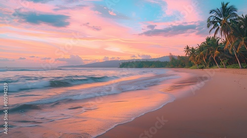 At sunset, a tropical beach, the sky painted in hues of pink and orange, with palm trees swaying gently, waves lapping at the sandy shore, creating a tranquil atmosphere. © horizor