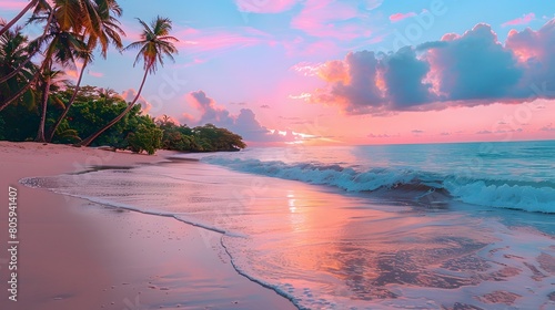 At sunset, a tropical beach, the sky painted in hues of pink and orange, with palm trees swaying gently, waves lapping at the sandy shore, creating a tranquil atmosphere.