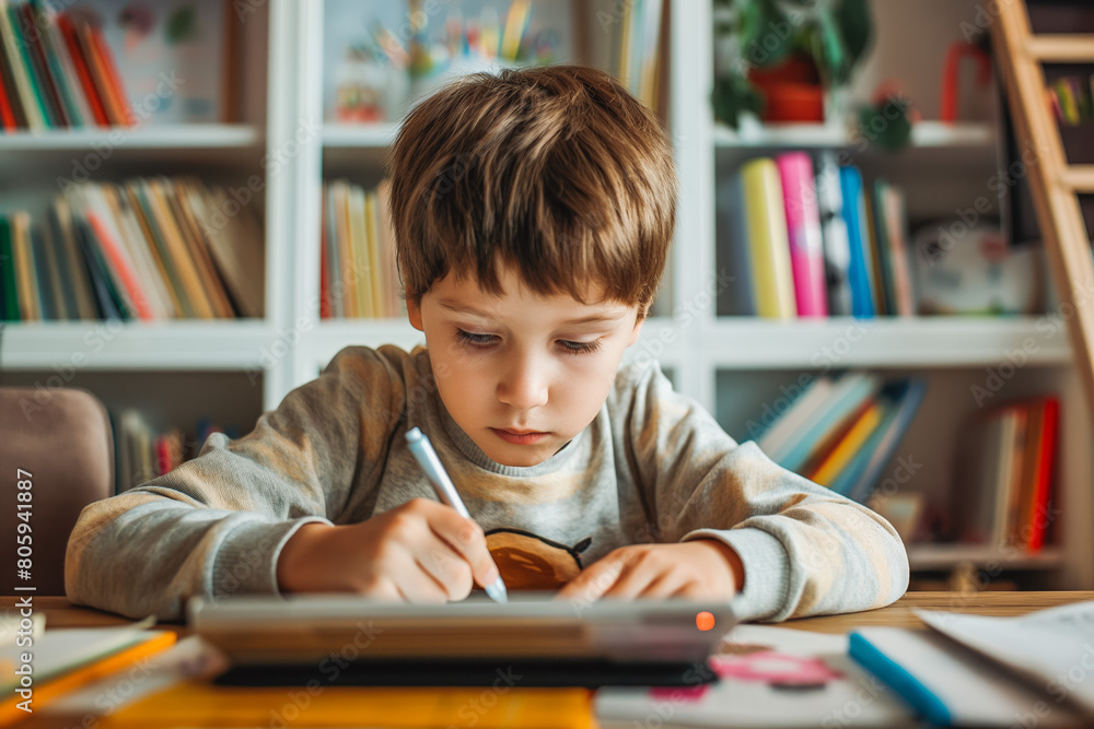 Kid with digital tablet computer writing, doing homework at table. Online learning, remote education, distance lessons at home Kid with digital tablet computer writing, doing homework at table. Online learning, remote education, distance lessons at home