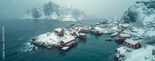 Aerial Drone view of Hamnoy on a snowy winter day, Lofoten island in Norway. photo