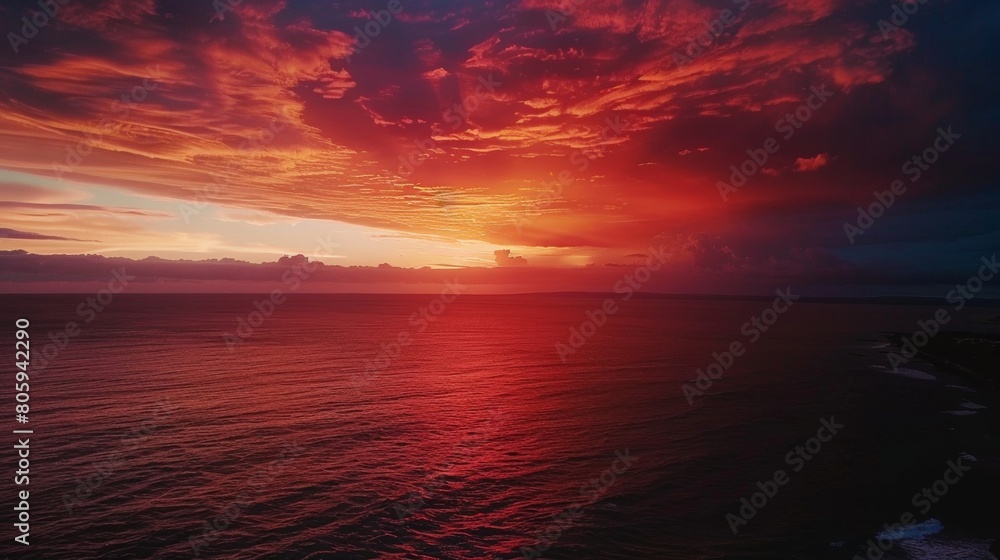 Aerial shot of a vibrant sunset over a vast ocean, with dramatic clouds ablaze with color
