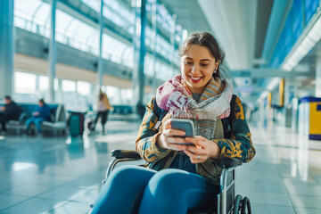 Phone, smile and a woman with a disability in an airport for travel or online booking confirmation. Business, communication and a flight passenger in a wheelchair for check in or accessibility