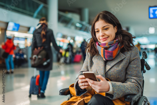 Phone, smile and a woman with a disability in an airport for travel or online booking confirmation. Business, communication and a flight passenger in a wheelchair for check in or accessibility