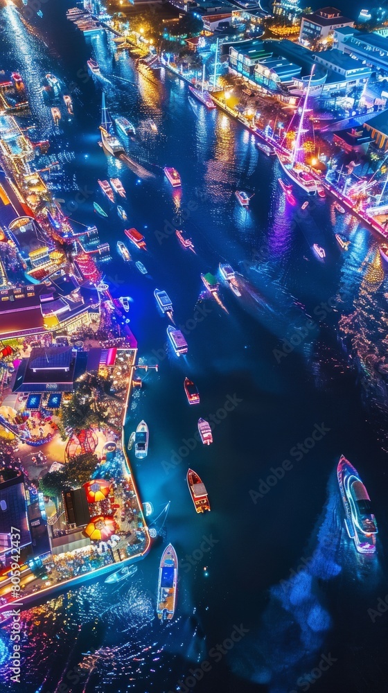 Obraz premium Aerial view of a bustling waterfront at night, illuminated boats, colorful reflections, and vibrant nightlife