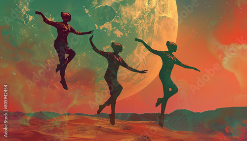 Craft a mesmerizing digital illustration of agile Martian dancers gracefully performing aerial ballet against a Martian landscape backdrop Capture the elegance and otherworldly bea photo