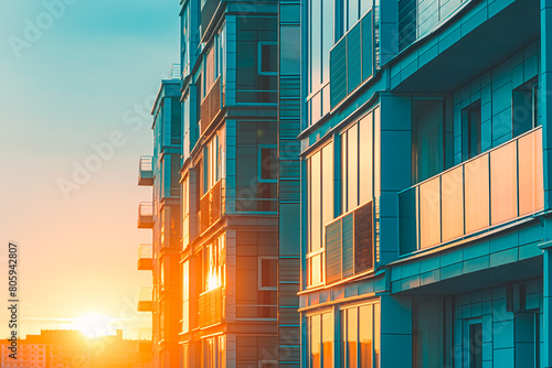 Solar panel on modern apartment building facade in city. Sunset photo