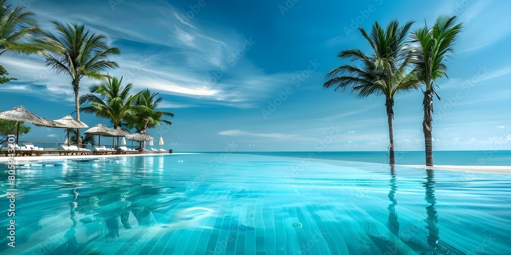 Luxury beach resort with swimming pool palm trees and blue sky. Concept Luxury Travel, Beach Getaway, Tropical Paradise, Exclusive Accommodation, Oceanfront Resort