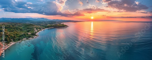 Aerial view of the serene Adriatic coast at sunset, Primorje-Gorski Kotar, Croatia. photo