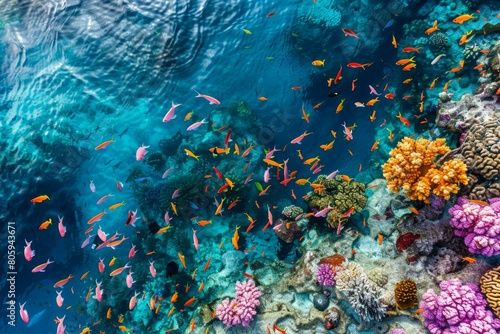 Aerial view of a vibrant coral reef visible through the crystal-clear water, teeming with colorful fish and diverse marine life