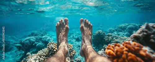 diving feet above ocean with rock in hawaii photo