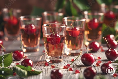Ginga liquor in small glasses with raw cherries on the table