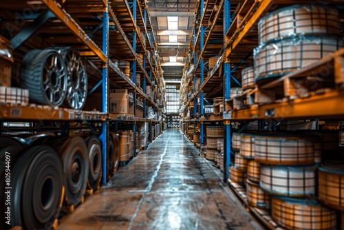 Rolls of metal sheet metal on shelves in a warehouse
