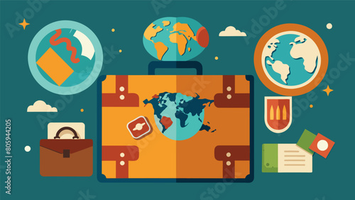 Travel through time and space with the contents of the vintage suitcase from a retro globe to a collection of antique stamps and a tin of Turkish. Vector illustration