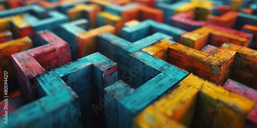 abstract illustration of high angle of wooden colorful labyrinth with geometrical narrow paths with blocks and cubes photo