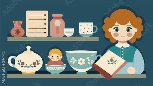 On a shelf are a set of ornate teacups and saucers a porcelain doll and handwritten recipes representing the treasured traditions and homemaking of. Vector illustration
