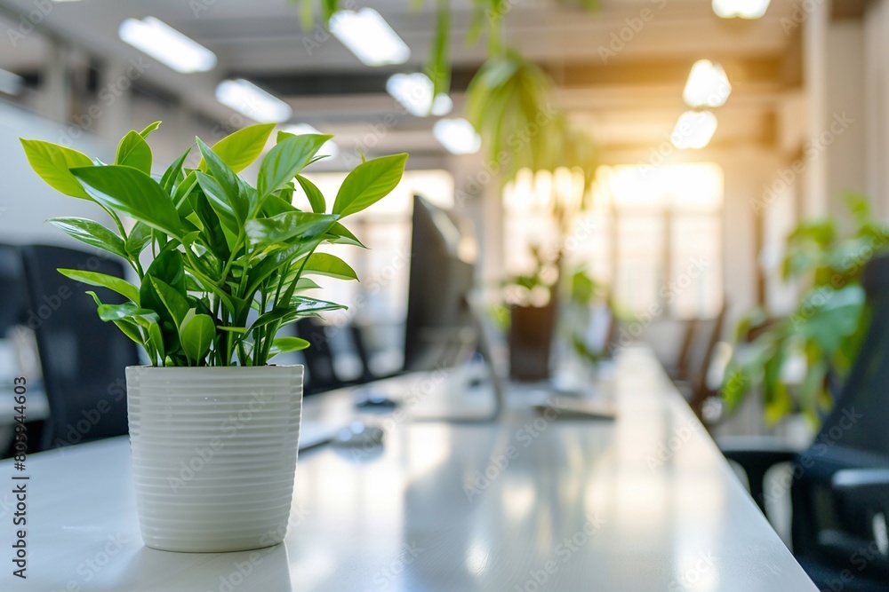 Potted plants on the table, background with natural light bokeh at work space interior background. Potted plants on the table, background with natural light bokeh at work space interior background.