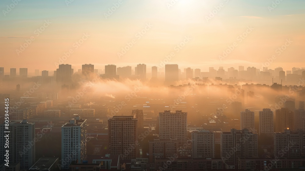Smog covering a city skyline, illustrating urban air pollution Smog covering a city skyline, illustrating urban air pollution