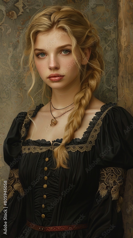 painterly renaissance portrait of blonde woman in black dress