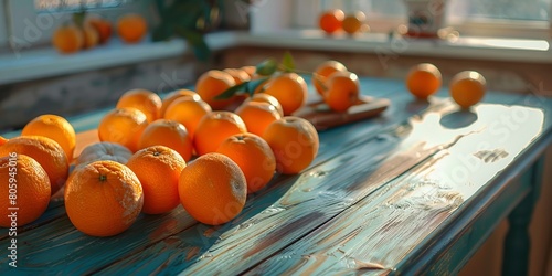 Juicy oranges ona green wooden table with direct sunlight