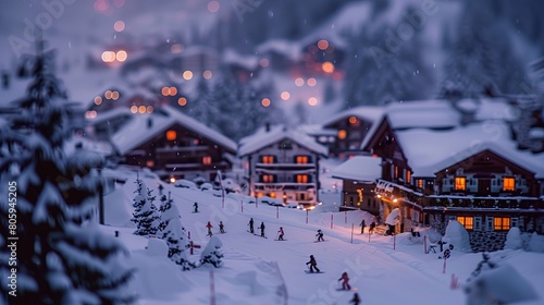 Winter village, ski resort with cozy houses under snow, tilt shift, evening time photo