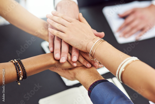 Teamwork  support and hands together of business people for trust  community and motivation in office. Employees  diversity and collaboration with target  partnership and agreement in solidarity