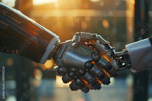 Human and robot handshake, futuristic partnership in technology and science, cyborg hand touching human, digital communication and artificial intelligence evolution. Business