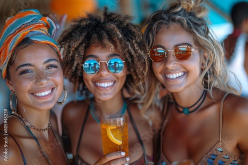 Happy multiethnic friends cheering together with cocktail glasses at beach party. Youth activities and summer vacation concept. Summer vacation vacation rest activity concept, generated by AI,Friends 
