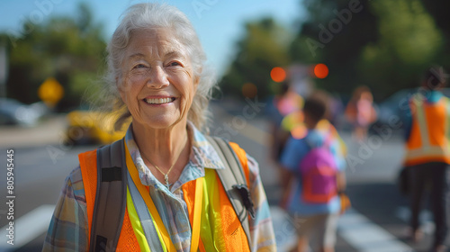 Wide shot 50 year old woman school crossing guard, smiling, happy, school children in crosswalk, summer