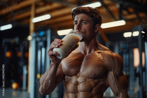 Muscular man drinks protein shake while working out in the gym