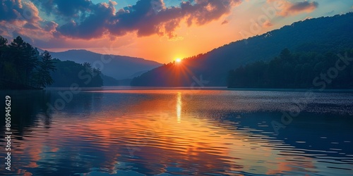 sunset over the mountain lake