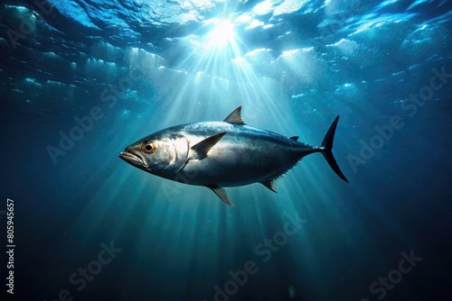 Tuna swimming in the depths of the ocean  with bright lights shining through the water.