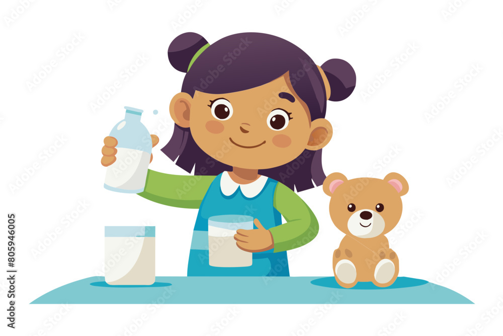 Pretty little girl poured two glasses of milk beverage for her and toy bear caring for best friend health play alone in kitchen Calcium vitamin D and protein for bone growth and kid development Pretty little girl poured two glasses of milk beverage for her and toy bear caring for best friend health play alone in kitchen Calcium vitamin D and protein for bone growth and kid development