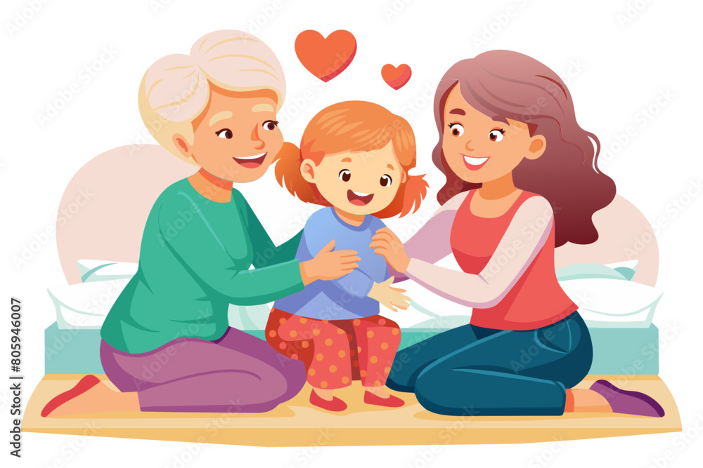 Two generations of Caucasian women older granny and young mom share heart-warming moment tickling little girl seated on bed enjoy their friendly relations boundless love and joy on cozy weekend Two generations of Caucasian women older granny and young mom share heart-warming moment tickling little girl seated on bed enjoy their friendly relations boundless love and joy on cozy weekend